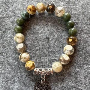 Armband elastic Edelstein grün-beige mit Lebensbaum